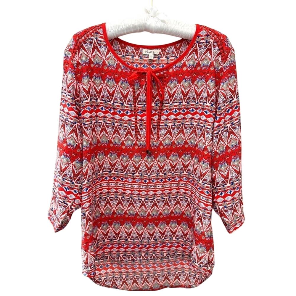 ANTILA FEMME | Red Boho Peasant Blouse Ethnic Print Top | Size Large